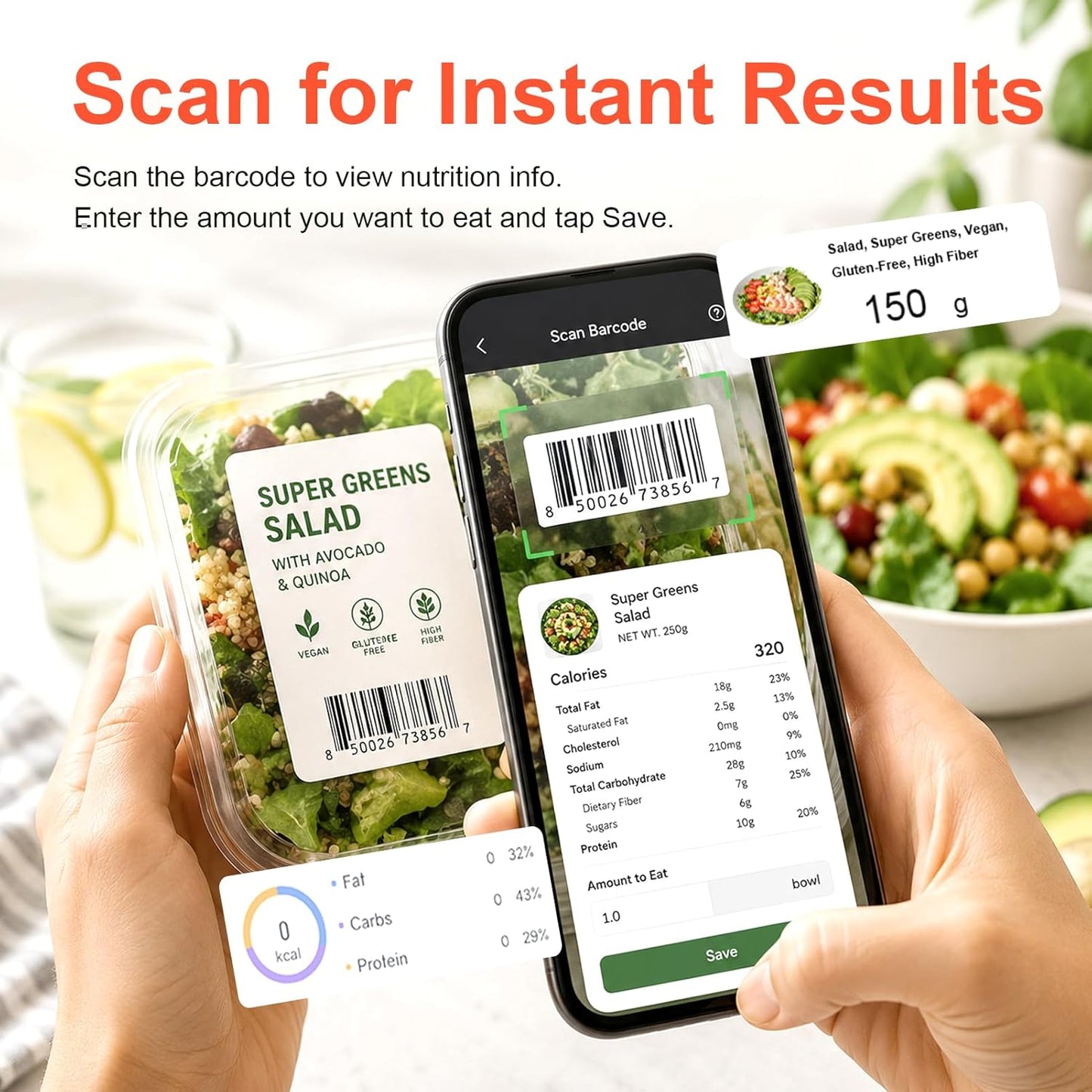 Smart Kitchen Food Scale with Nutritional Calculator, Calorie Fat Carbs Protein Tracker, Free App, Barcode Scan, Food Preload, 23 Nutrients, On-Screen Display, Personal Goals, 11 lb / 5 kg