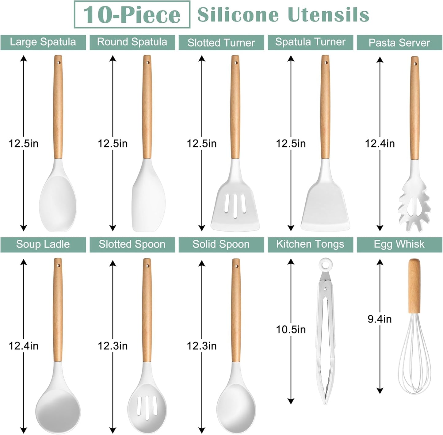 E-far Silicone Cooking Utensils Set, 10-Piece Heat Resistant Kitchen Utensils Set with Wooden Handle for Nonstick Cookware, Kitchen Nonstick Tools Spatula Whisk Tongs Ladle, Non-toxic & Healthy(Khaki)