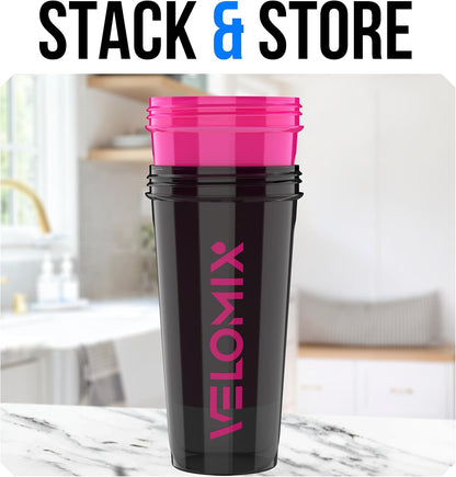 VELOMIX -2 Pack- 28 oz Protein Shaker Bottles for Protein Mixes - 2x Wire Whisk | Leak Proof Shaker Cups for Protein Shakes | Protein Shaker Bottle Pack (Black/Transparent)