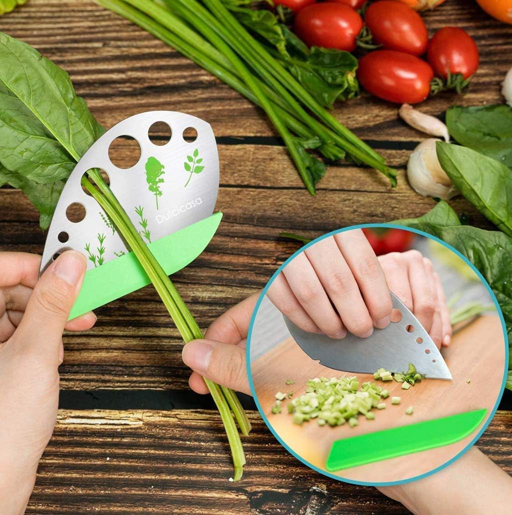 Dulcicasa Herb Stripper 9 Holes, Pack of 2, Stainless Steel Herb Cutter with Safety Cover for Kale, Chard, Collard Greens, Thyme, Basil, Rosemary, Kitchen Herbs Stripper Tool (2pcs)