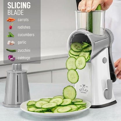 Zulay Kitchen Rotary Cheese Grater 5 Blade Cheese Shredder - Manual Hand Crank Cheese Grater With Reinforced Suction & 5 Interchangeable Drums - Easy to Use, Vegetable Chopper Round Mandoline Slicer - Colors A