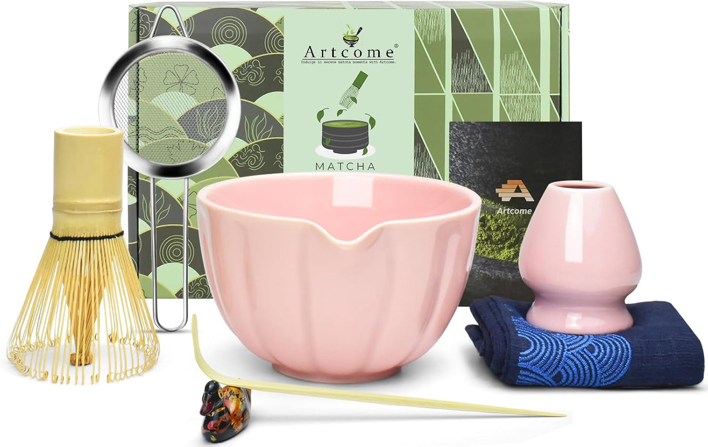 Artcome 4 Pcs Japanese Matcha Tea Set - Matcha Bowl with Pouring Spout, Matcha Whisk, Tea Scoop, Whisk Holder, Handmade Matcha Ceremony Kit For Japanese Tea Ceremony, Rose