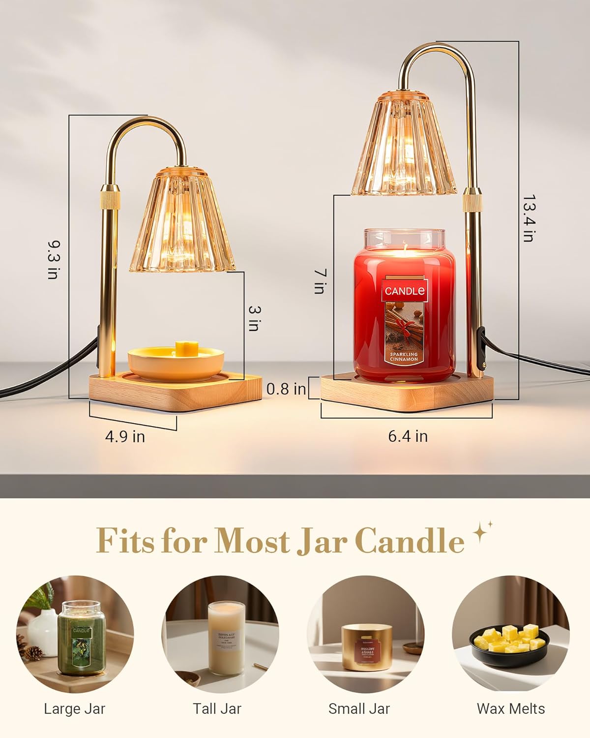 Marycele Candle Warmer Lamp with Timer & Dimmer - Mothers Day Gifts for Women Mom Her, Aesthetic Office Home Decor, Adjustable Height Wax Melter for Candle Jar & 3-Wick Candles (2 Bulbs Included)