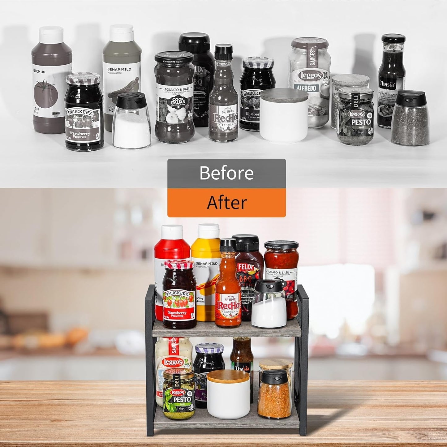 Giikin Countertop Shelf Organizer, 2 Tier Kitchen Spice Rack for Countertop, Wood Coffee Counter Shelf Organizer for Home (Brown, S)