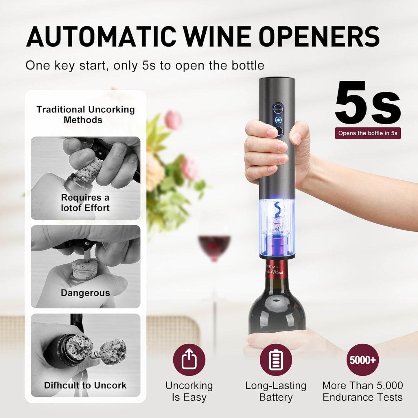 Electric Wine Opener, Rechargeable Cordless Wine Accessories, Stainless Steel Cordless Automatic Wine Bottle Corkscrew with Vacuum Stoppers, Foil Cutter for Home Party Wedding, Bars(Black)