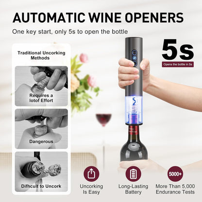 Electric Wine Opener, Rechargeable Cordless Wine Accessories, Stainless Steel Cordless Automatic Wine Bottle Corkscrew with Vacuum Stoppers, Foil Cutter for Home Party Wedding, Bars(Black)