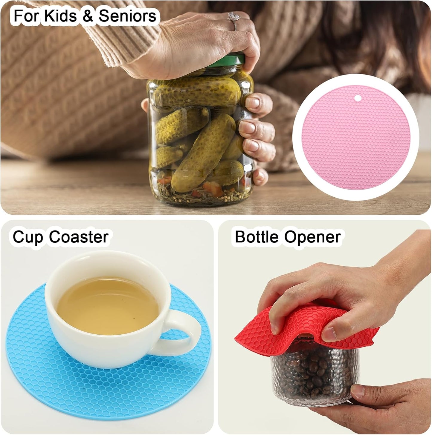 uxcell 4pcs Silicone Jar Opener Pads, 17.5cm/7" Texture Can Opener Multipurpose Round Bottle Lid Opener Non-Slip Coasters for Weak Hands Seniors Children, Black
