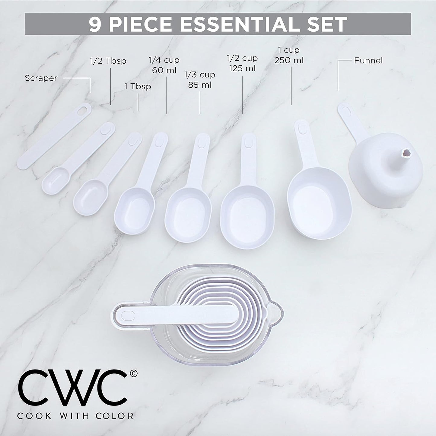 COOK WITH COLOR Measuring Cup Set - 9 PC. Nesting Stackable Liquid Measure Cup, Dry Measuring Cups and Spoons with Funnel and Scraper (Pastel)