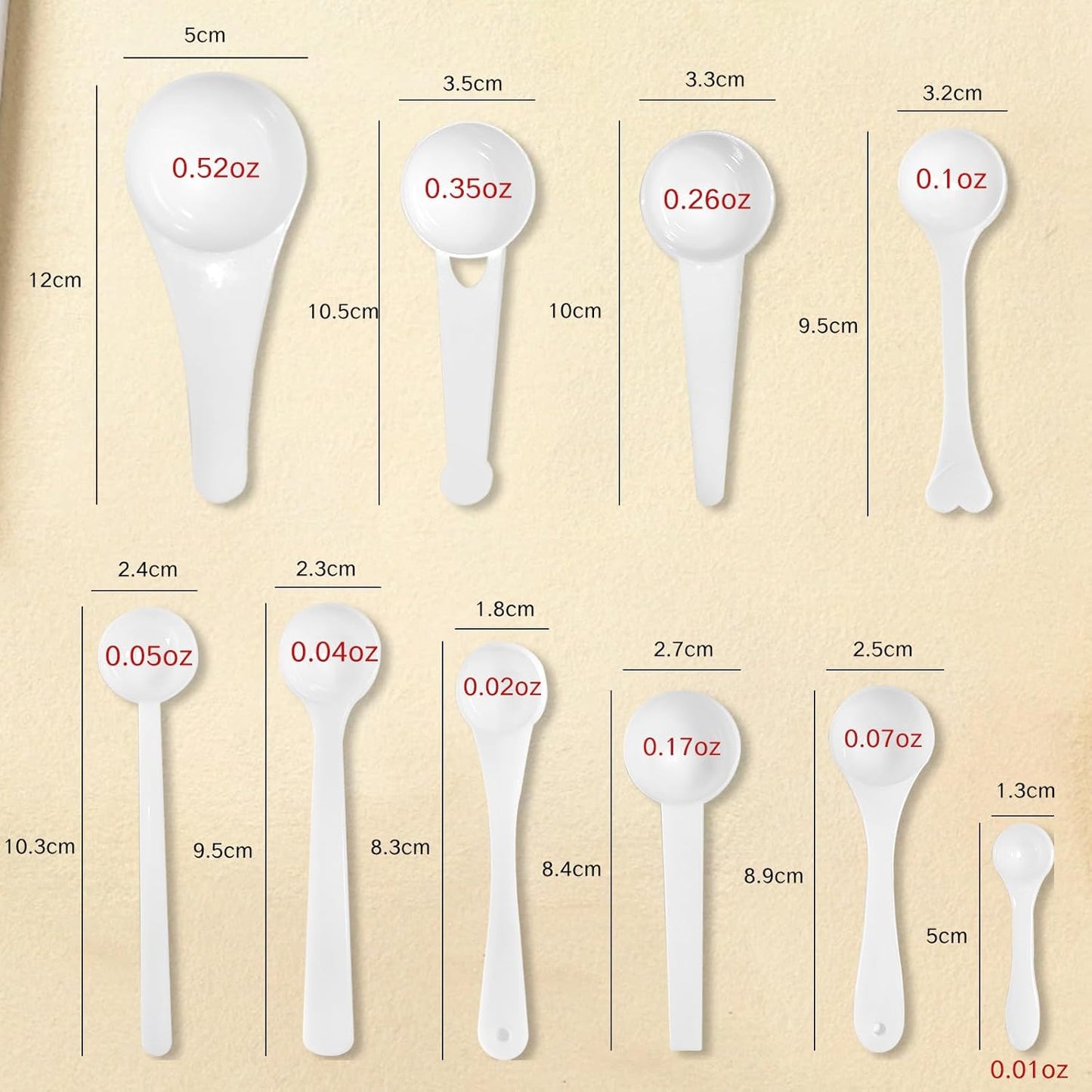 NIIIYTYB 10Pcs Plastic Measuring Spoons Set Gram Cup Powder Scoops 0.25g 0.5g 1g 1.5g 2g 3g 5g 7.5g 10g 15g Adjustable Measuring Spoons for Powder Bead Coffee Spices Dry Goods