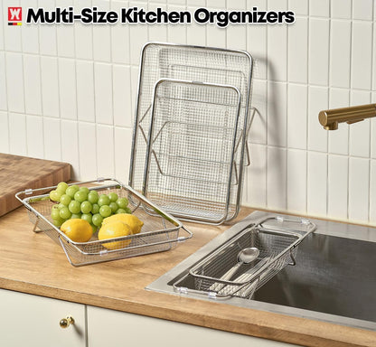 WAGENSTEIGER Extendable Dish Rack with Feet, Vegetable Colander Basket, Stainless Steel Dish or Silverware Drying Rack, Ultimate Kitchen Organizer Over the Sink (12.40 x 5.12 x 2.36 Inches)