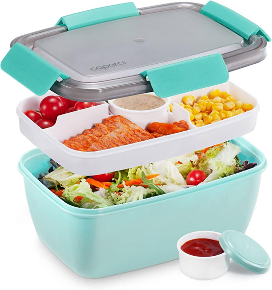 Caperci Large Salad Container Bowl for Lunch - Better Adult Bento Lunch Box 68 oz, 5-Compartment Tray, 2pcs 3-oz Sauce Cups, Stackable, BPA-Free (Navy)