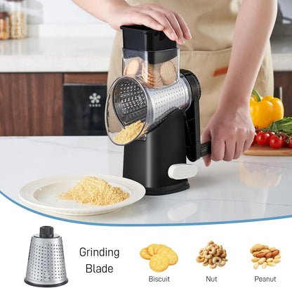 VEKAYA Rotary Cheese Grater Hand Crank with 4 Interchangeable Stainless Steel Blades, Large Manual Handle Shredder and Waffle Slicer for Vegetables, Cheese and Nuts with Table Suction Base(Blue)
