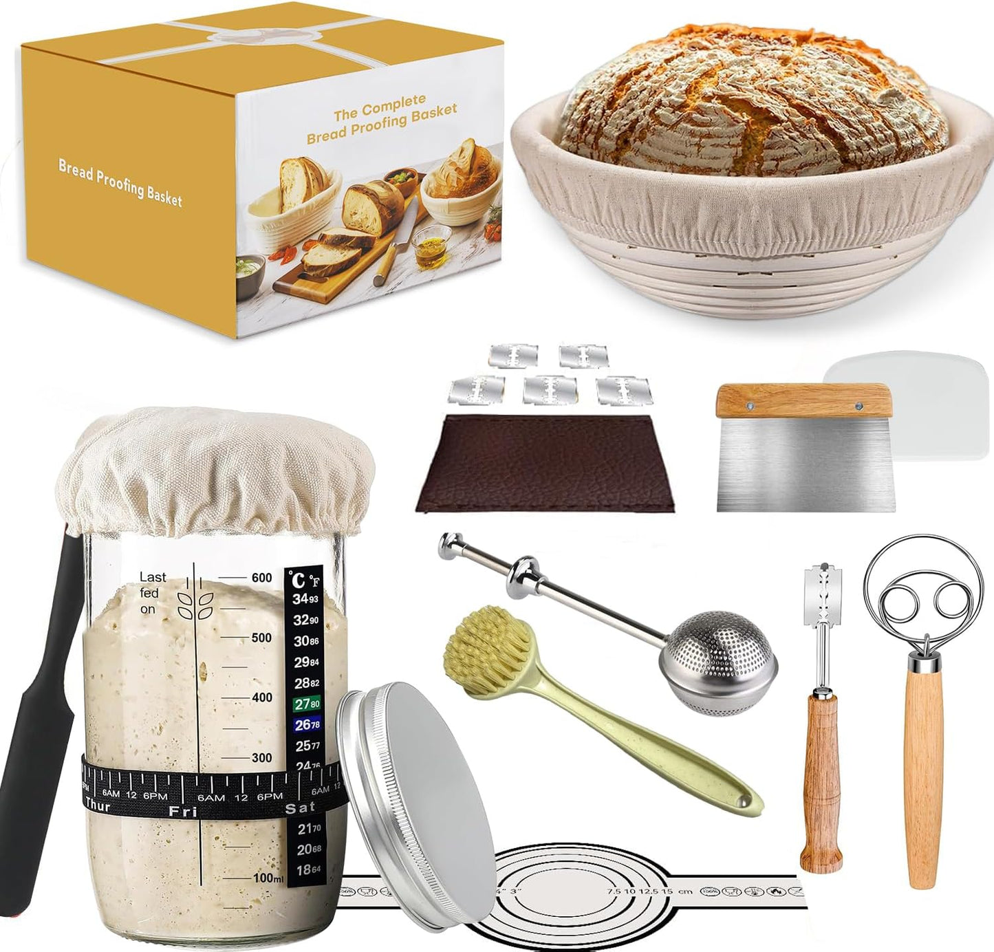 Sourdough Starter Kit, Sourdough Kit Include Banneton Proofing Basket, Sourdough Starter Jar, Bread Lame, Dough Scraper, Dough Whisk Scraper and Silicone Bread Sling