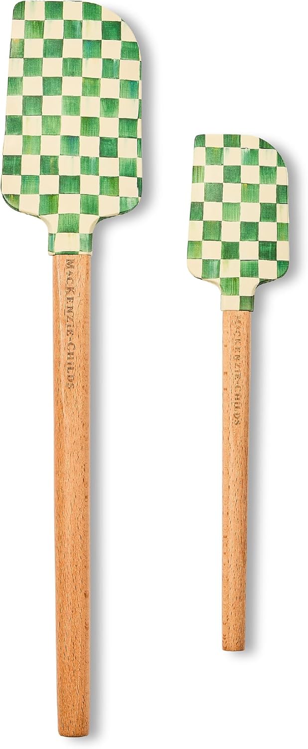 MACKENZIE-CHILDS Silicone Spatulas with Wooden Handles, Silicone Kitchen Spatula Set, 9 Inches and 12.75 Inches, Set of 2, Green-and-White Emerald Check