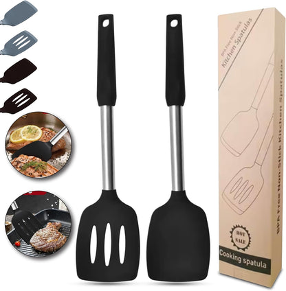 Silicone Spatula Set (2-Pc) - 600°F Heat Resistant, BPA Free, Non-Scratch, Dishwasher Safe I Slotted & Solid Kitchen Spatula Turners I Ideal for Eggs, Pancakes, Fish I Stainless Steel I Gray