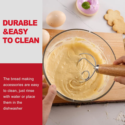 Danish Dough Whisk with Wooden Handle Stainless Steel Bread Mixer Hook Essential Tool for Sourdough Artisan Baking Kitchen Mixing