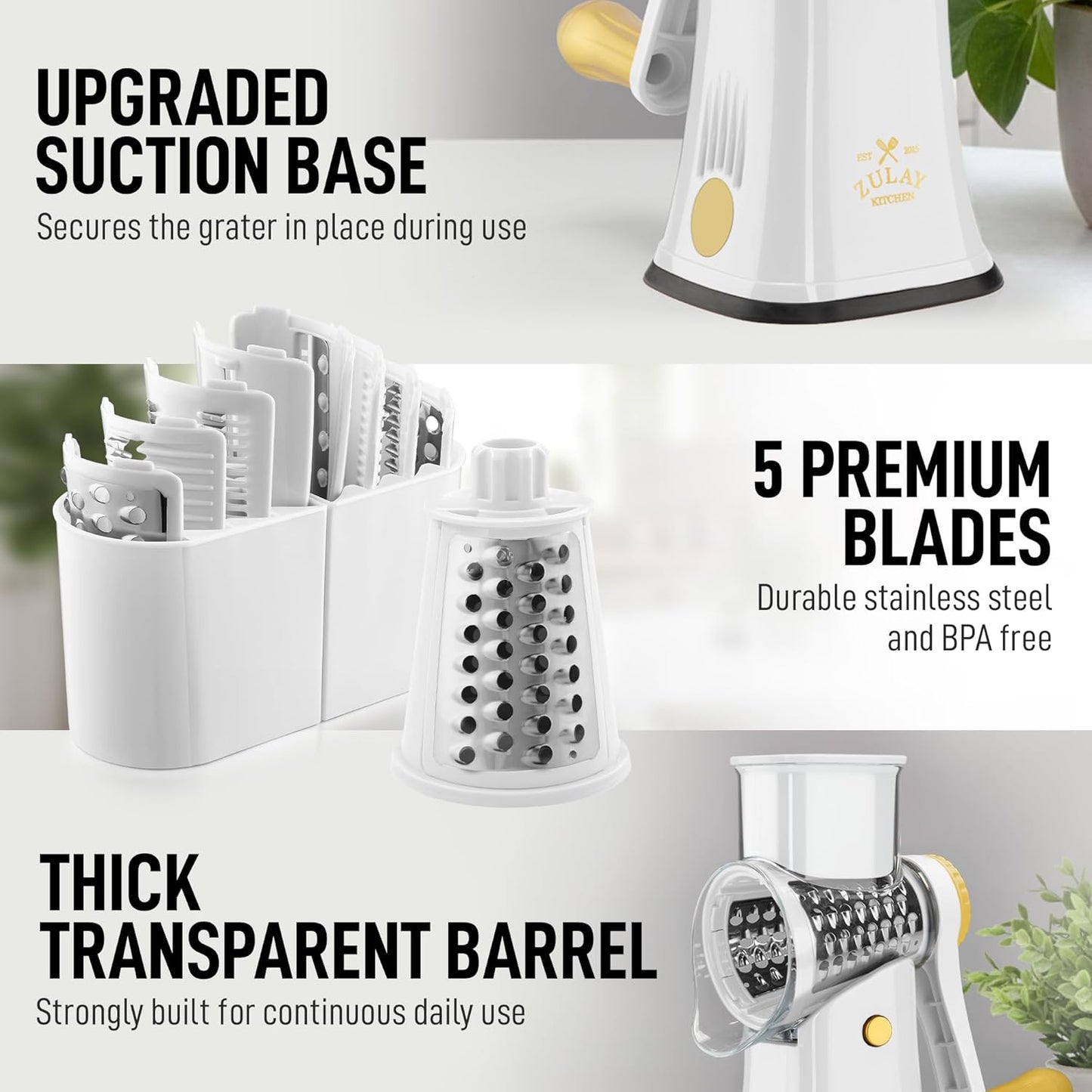 Zulay Kitchen Rotary Cheese Grater 5 Blade Cheese Shredder - Manual Hand Crank Cheese Grater With Reinforced Suction & 5 Interchangeable Drums - Easy to Use, Vegetable Chopper Round Mandoline Slicer - Colors A