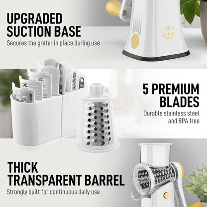 Zulay Kitchen Rotary Cheese Grater 5 Blade Cheese Shredder - Manual Hand Crank Cheese Grater With Reinforced Suction & 5 Interchangeable Drums - Easy to Use, Vegetable Chopper Round Mandoline Slicer - Colors A
