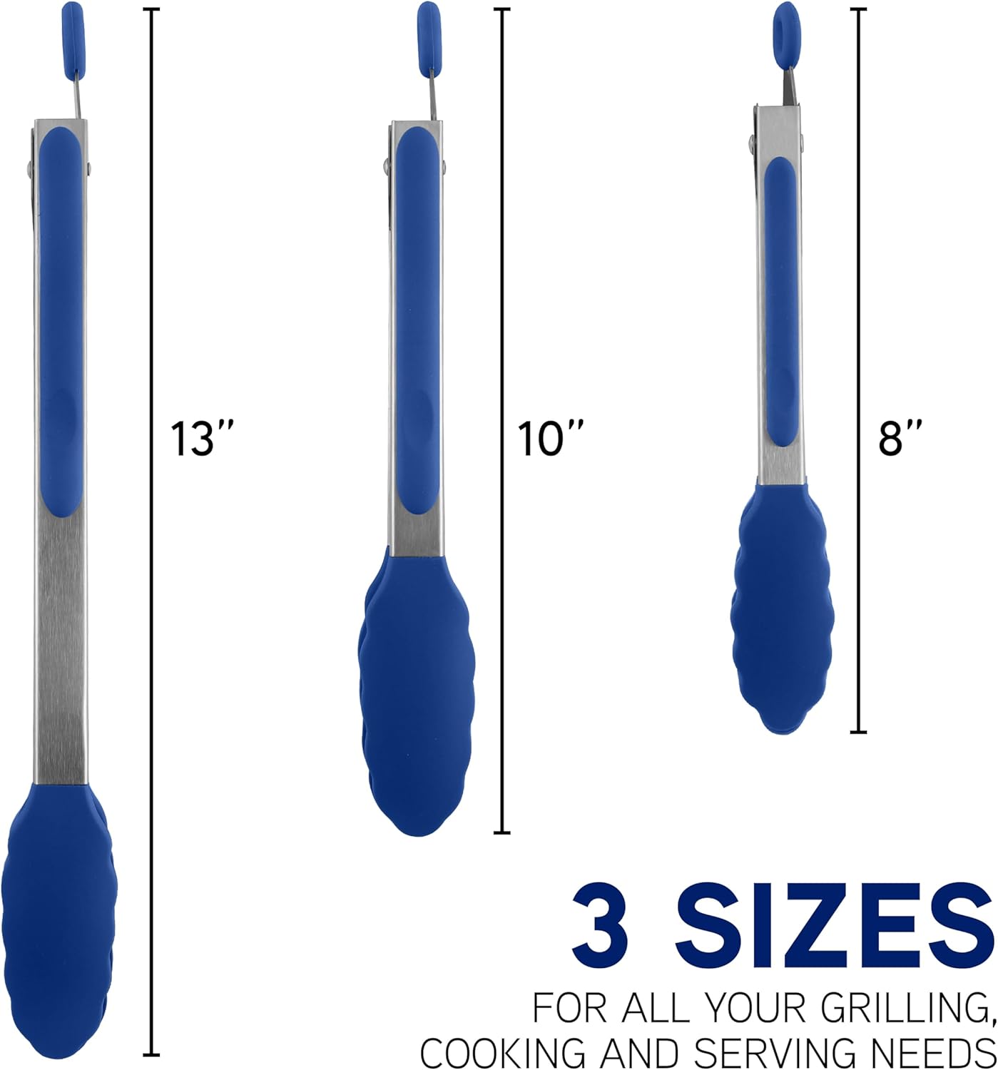 COOK WITH COLOR Stainless Steel Silicone Tipped Kitchen & BBQ Tongs Set, 3 Pc Utensils, Grey