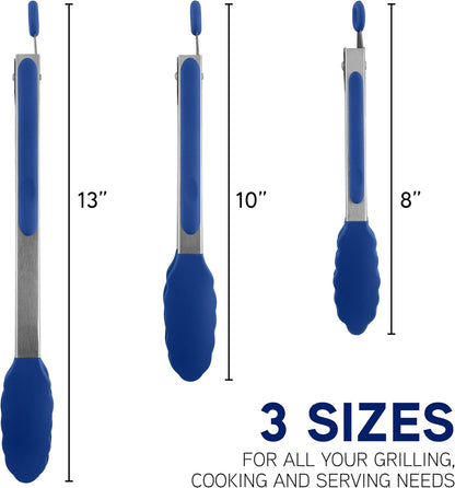 COOK WITH COLOR Stainless Steel Silicone Tipped Kitchen & BBQ Tongs Set, 3 Pc Utensils, Grey