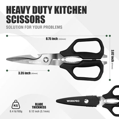 WORKPRO Kitchen Scissors, All Purpose Kitchen Shears with Detachable Stainless Steel Blades, Titanium Coated for Easy Cleaning, Heavy Duty for Meat, Fish, Nuts, Vegetables, Protective Cover Included