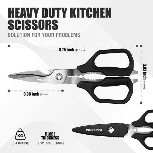 WORKPRO Kitchen Scissors, All Purpose Kitchen Shears with Detachable Stainless Steel Blades, Titanium Coated for Easy Cleaning, Heavy Duty for Meat, Fish, Nuts, Vegetables, Protective Cover Included