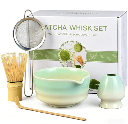 Matcha Whisk Set, 5pcs Japanese Ceremony Matcha Tea Kit Includes Ceramic Matcha Bowl with Spout, Bamboo Whisk & Holder, Traditional Scoop, Stainless Sifter, Gift for Matcha Lovers Beginner