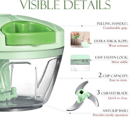 Ourokhome Manual Food Processor Vegetable Chopper, Portable Hand Pull String Garlic Mincer Onion Cutter for Veggies, Ginger, Fruits, Nuts, Herbs, etc., 500ml, Deep Blue