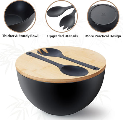 11.3" Extra Large Salad Serving Bowl Set with Wooden Lid&Utensils, 6.5Qt., Bamboo Fiber Salad Bowl with Servers for Kitchen, Lightweight Big Bowl for Mixing Salad,Fruit,Pasta - Matte White