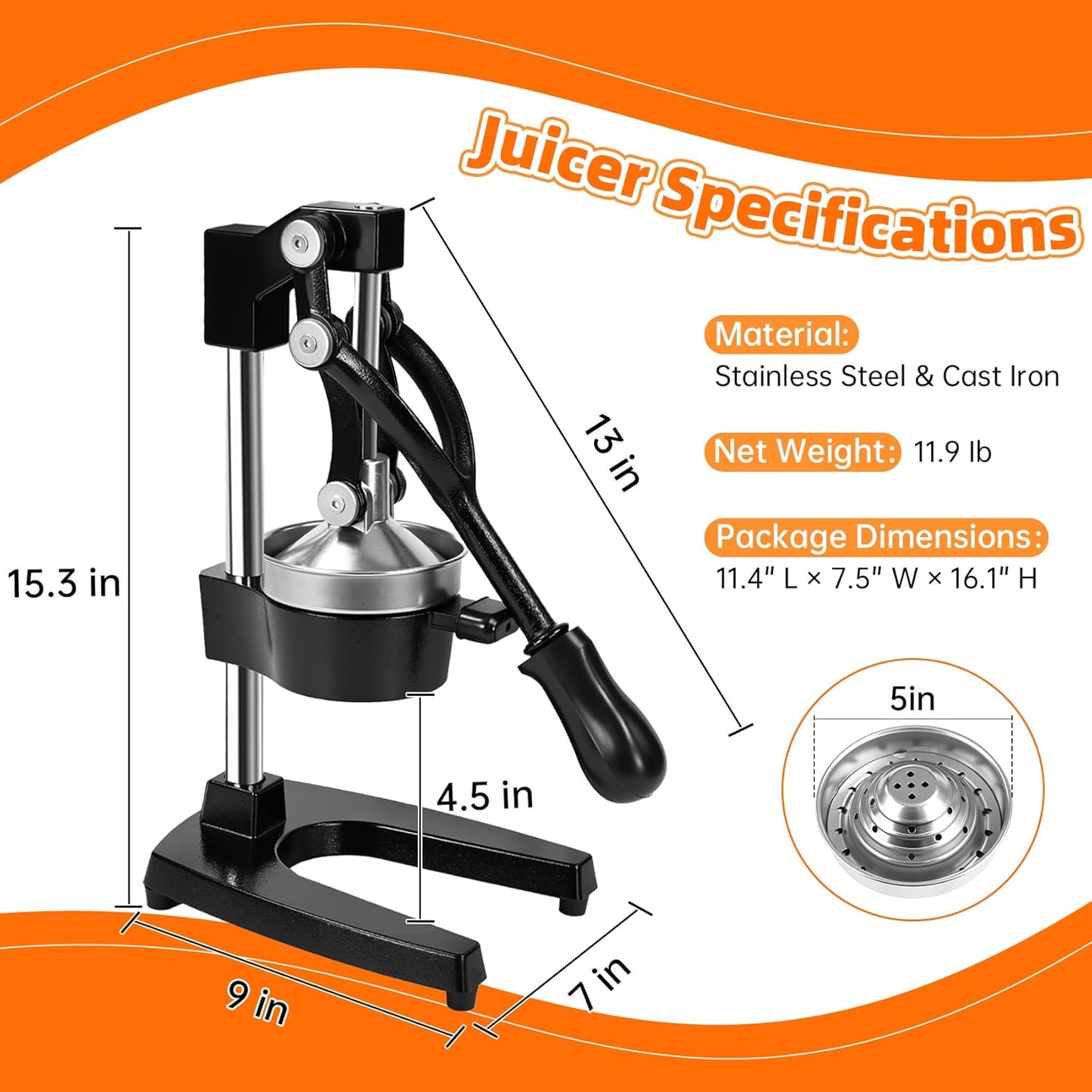 Cast Iron Manual Citrus Juicer Press, Commercial Heavy Duty Cast Iron Fruit Juicer for Home Kitchen, Professional Manual Juicer Press for Orange or Lemon, Easy to Clean and Use, High Juice Yield
