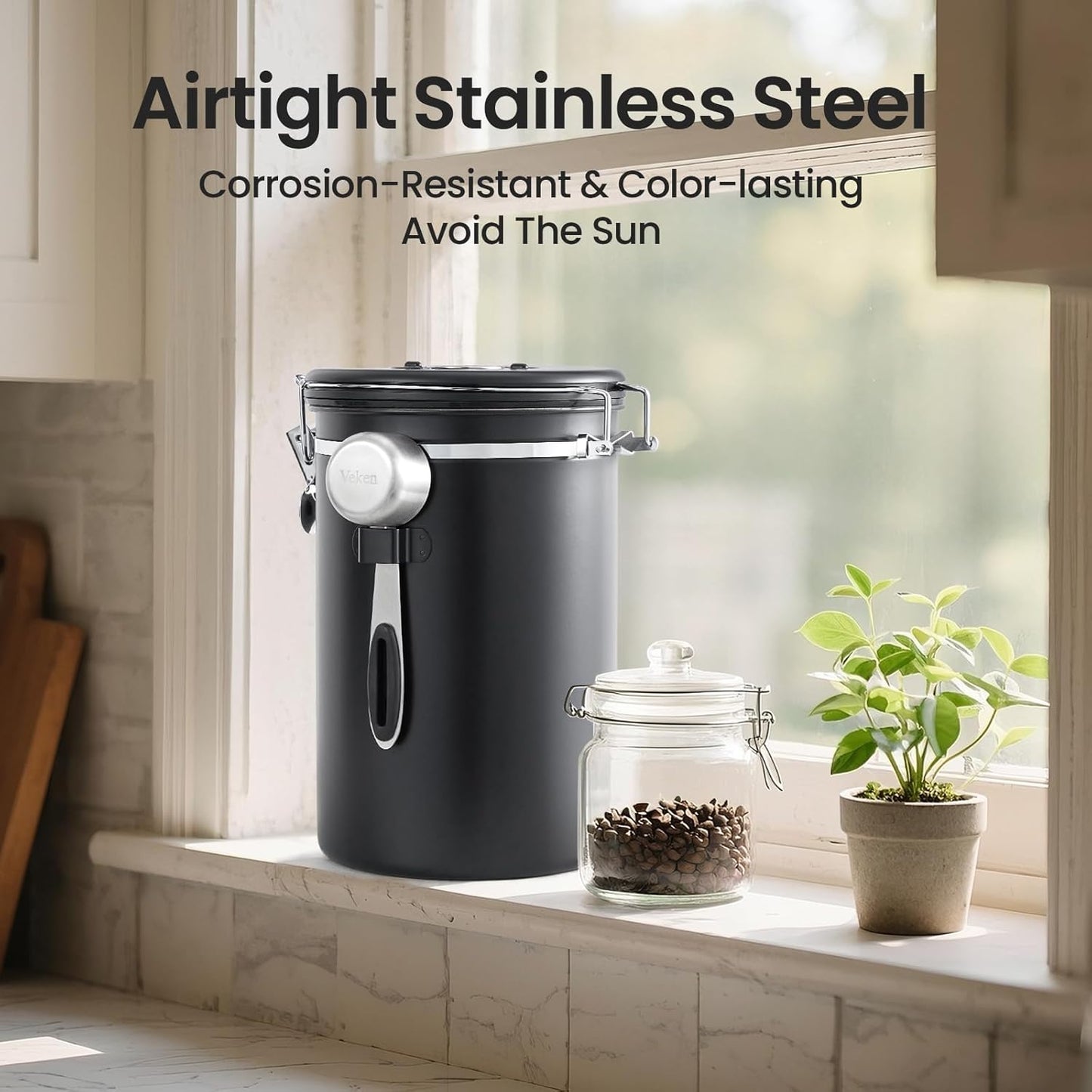 Veken Coffee Canister, Airtight Stainless Steel Kitchen Food Storage Container with Date Tracker and Scoop for Beans, Grounds, Tea, Flour, Cereal, Sugar, Cookie, 16OZ, Cream