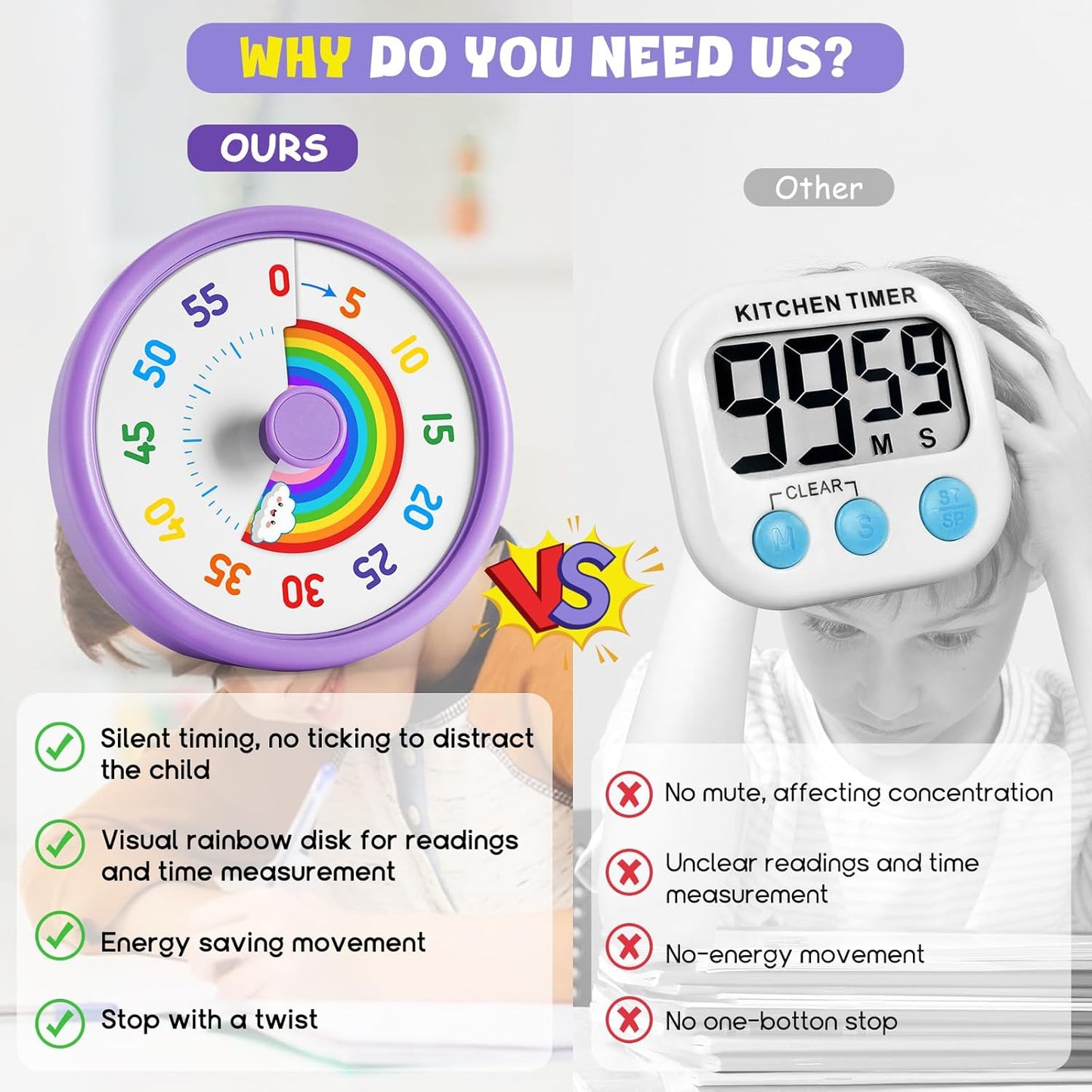 HIPPIH Visual Timer for Kids, 60 Minute Countdown Timers for Classroom Kitchen Office, Rainbow Disk Desk Timer Clock with Silent Operation, Pomodoro Timer Time Management Tools for Toddler ADHD Blue