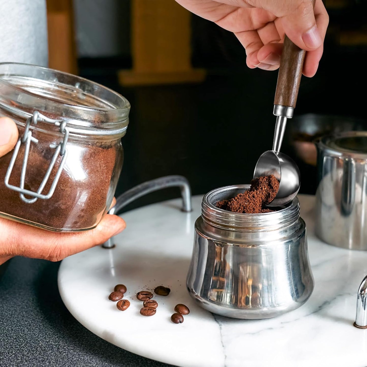 2Pcs Coffee Scoop for Ground Coffee - 1 Tbsp (15ml) & 2 Tbsp (30ml) Tablespoon Scoop, 304 Stainless Steel Coffee Measuring Spoon with Long Walnut Wood Handle, Silver