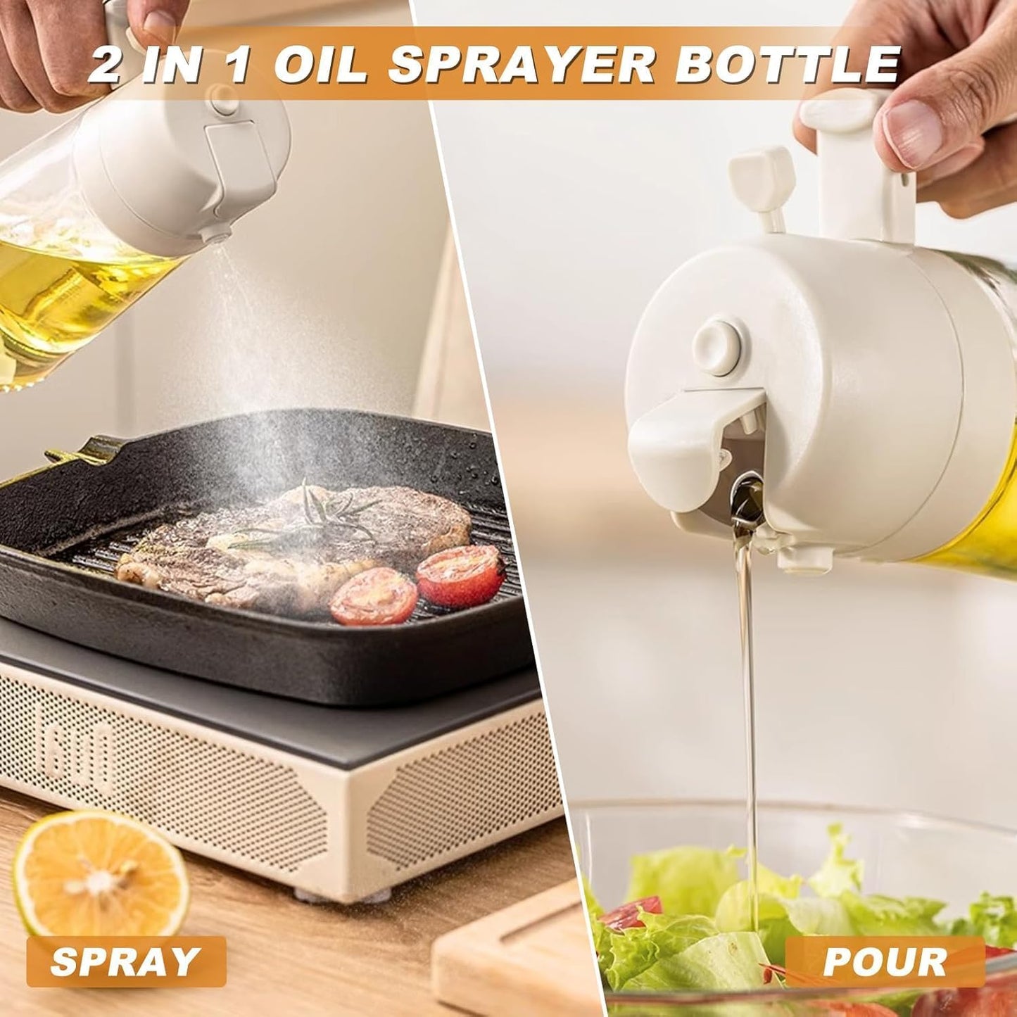 16oz/470ml Glass Olive Oil Sprayer for Cooking - 2 in 1 Olive Oil Dispenser for Kitchen Gadgets, Air Fryer, Salad, and BBQ (black)