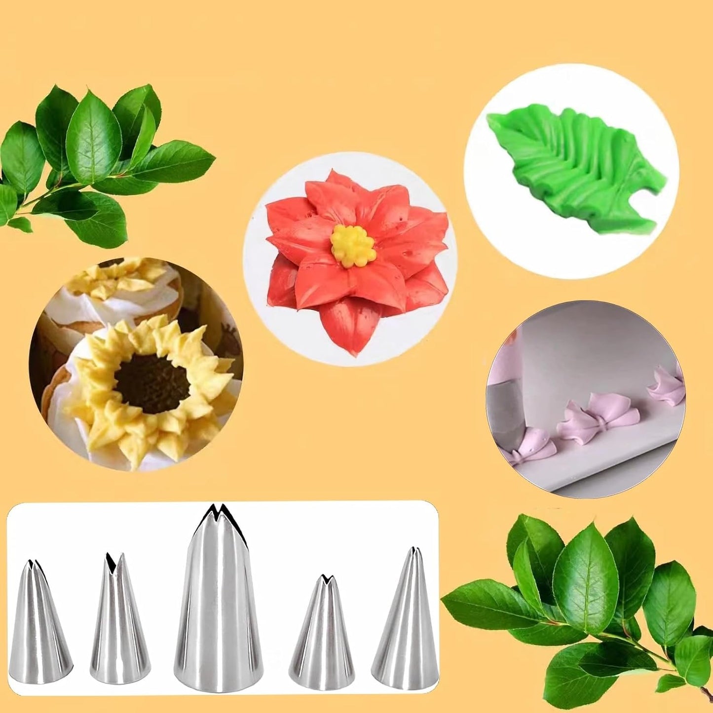 8 Pcs Rose Flower Piping Tips Set,Petal Icing Tips,PipingRose Nozzle,Stainless Steel Cake Decorating Pastry Tools, for CakeDecorating,with A Cleaning Brush (Rose-8pcs)