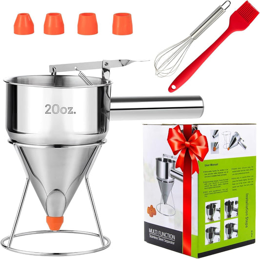 40oz Stainless Steel Pancake Batter Dispenser with Stand, Funnel Cake & Cupcake Batter Dispenser, Multi-Caliber Nozzles for Waffles, Crepes & Icing – Includes 4 Nozzles, Whisk & Brush