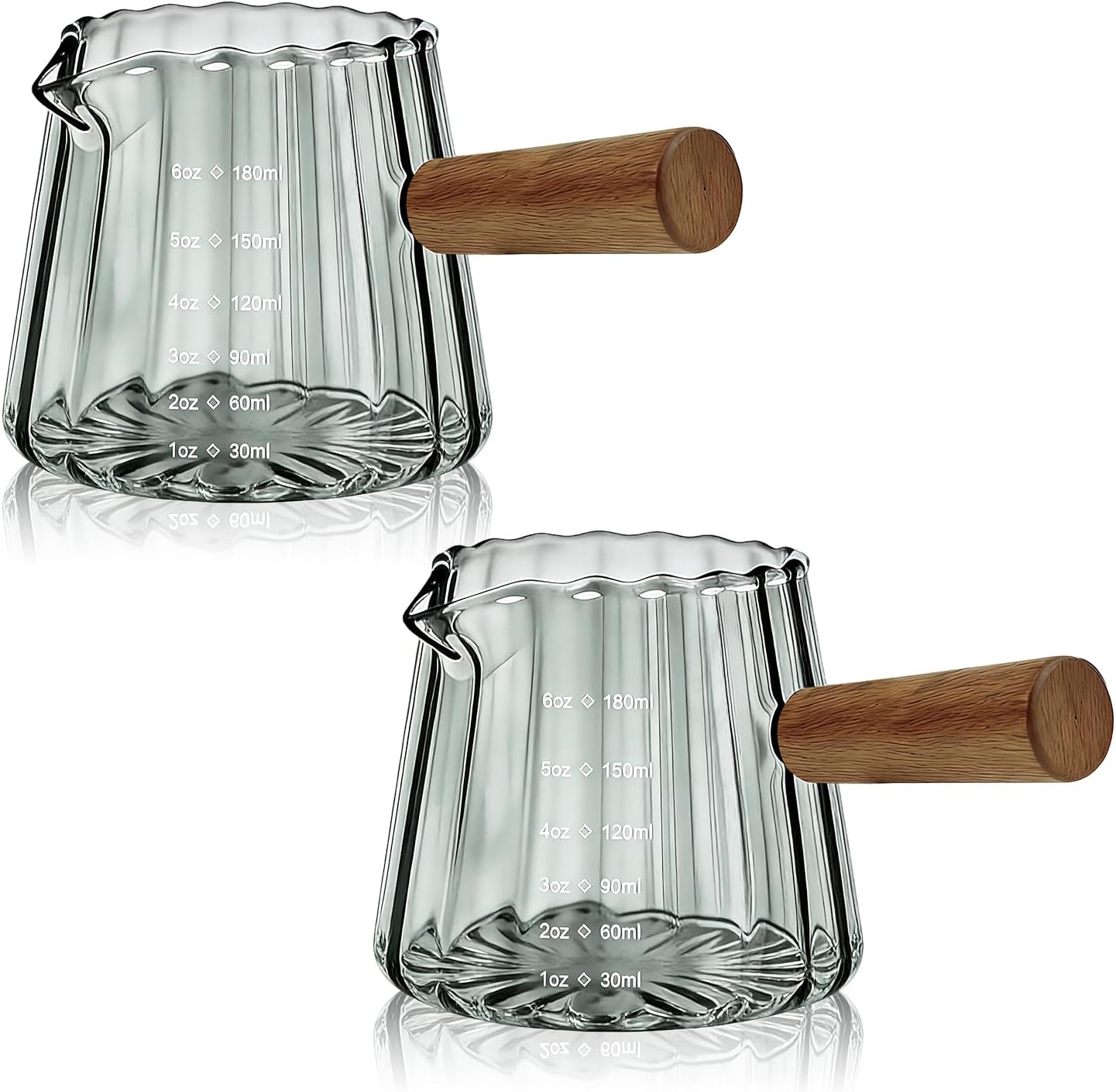 2 PCS Espresso Measuring Cup 6 Oz, Espresso Glass Cups with Wood Handle, Milk Frothing Cup, Espresso Cup for Coffee, Milk, Tea or Maple Syrup Serving