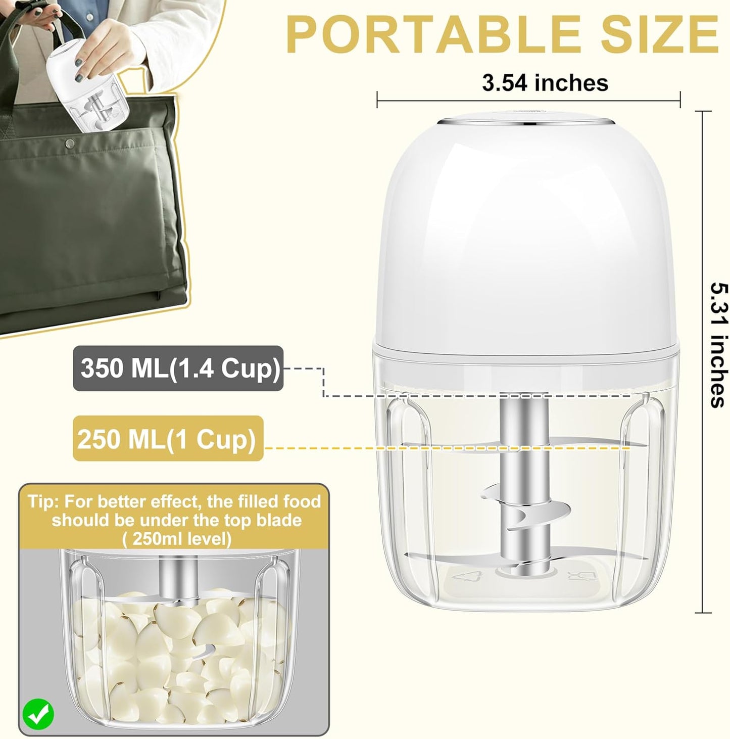 450ML (1.8 Cup) Electric Garlic Chopper, Mini Portable Food Processor, Garlic Grinder Masher for Onion, Ginger, Chili, Fruit, Vegetable, Meat