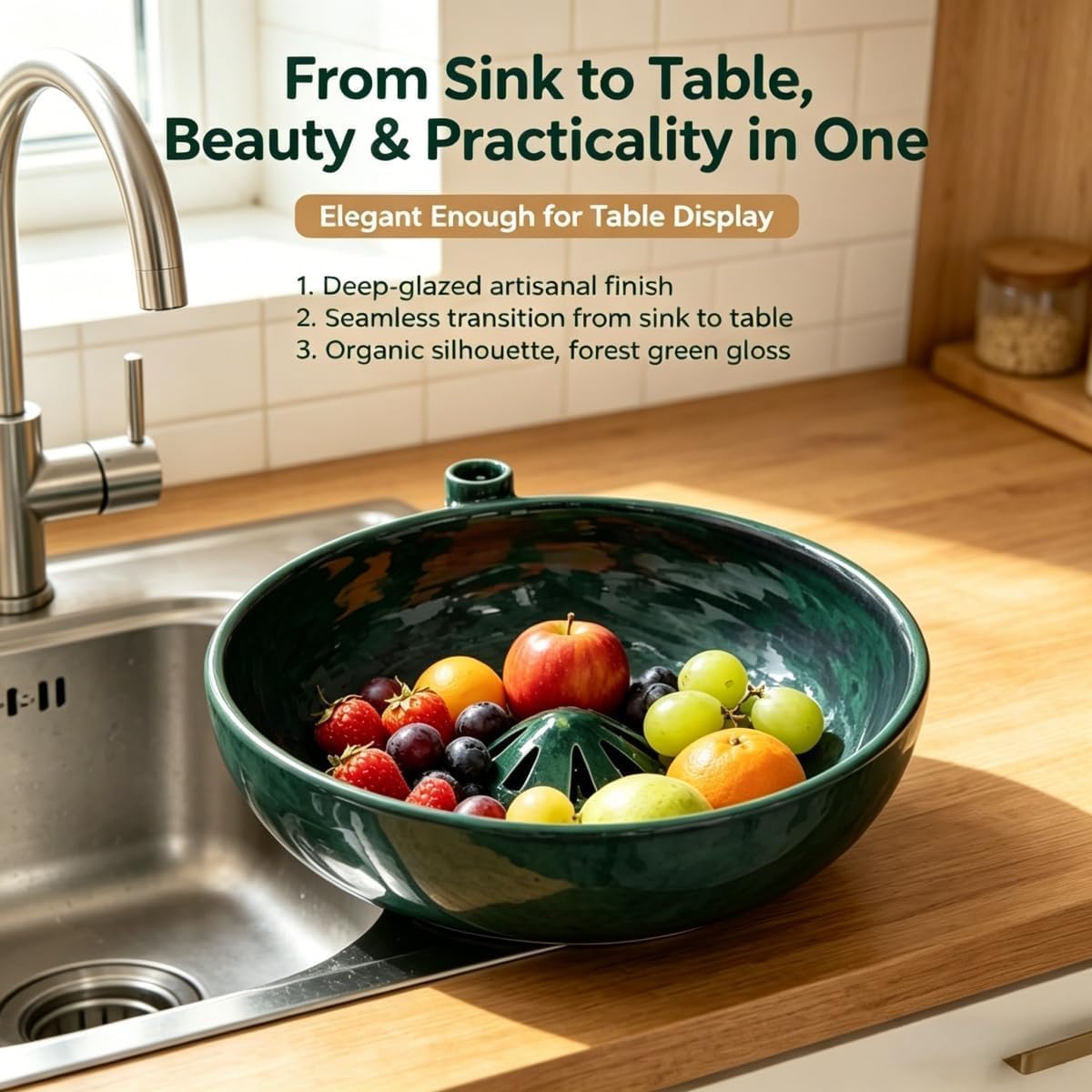 2026 Self Spinning Berry Washing Bowl Ceramic with Drain Holes, 360 Degree Cleaning Fruit Swirl Colander Center Cone, Automatic Quick Kitchen Rinse washer for Berries Vegetables Serving
