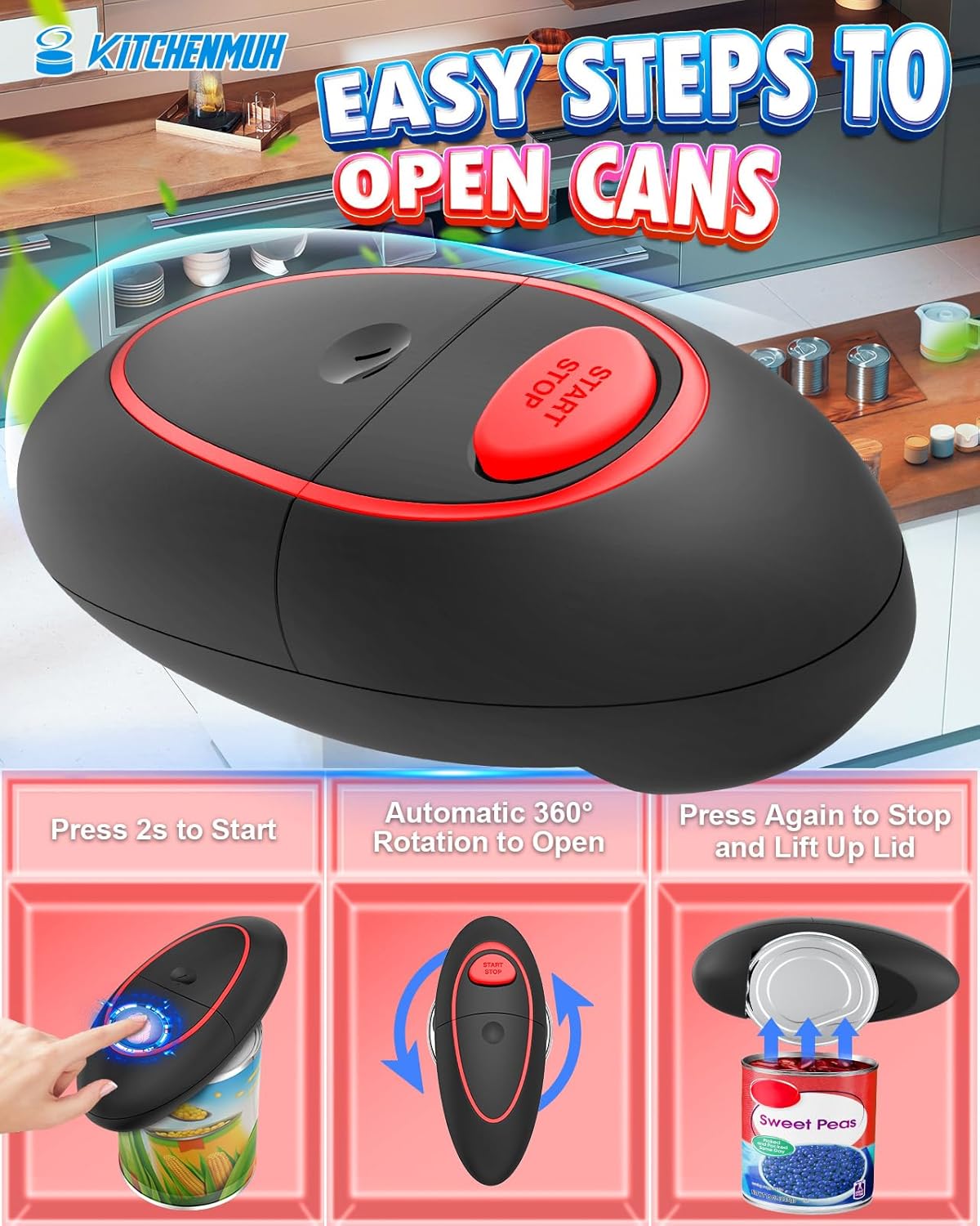 One Touch Electric Can Opener Fits All Can Sizes for Seniors with Arthritis, Battery Operated Can Opener with Smooth Edge, Food Safe Kitchen Gadgets Automatic Can Opener for Kitchen