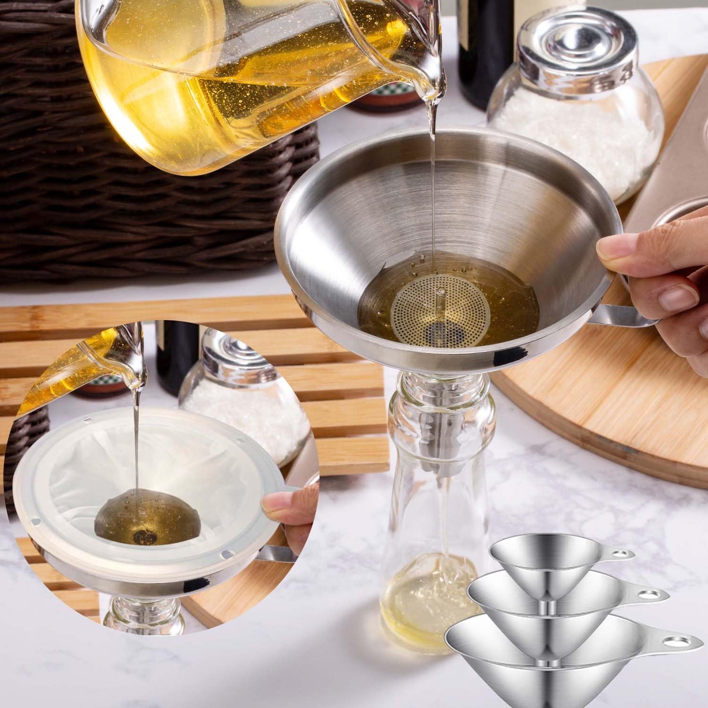 Toncoo 3 Pack Stainless Steel Funnels for Kitchen Use, Food Grade Cooking Funnel with 3 Strainer, Kitchen Funnel Set Metal Funnels for Filling Bottles