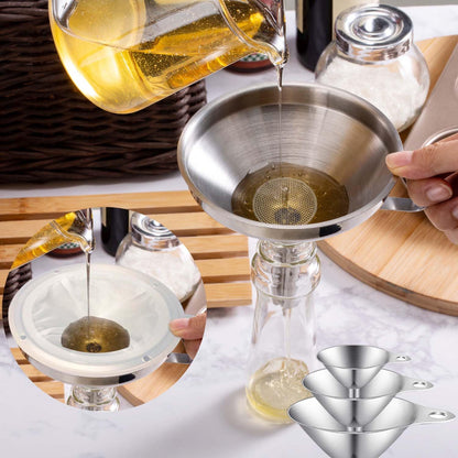 Toncoo 3 Pack Stainless Steel Funnels for Kitchen Use, Food Grade Cooking Funnel with 3 Strainer, Kitchen Funnel Set Metal Funnels for Filling Bottles