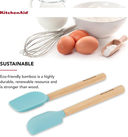 KitchenAid Bamboo Wood Handled Mini Spatula Set with Silicone Head, Set Of 2, Aqua Sky