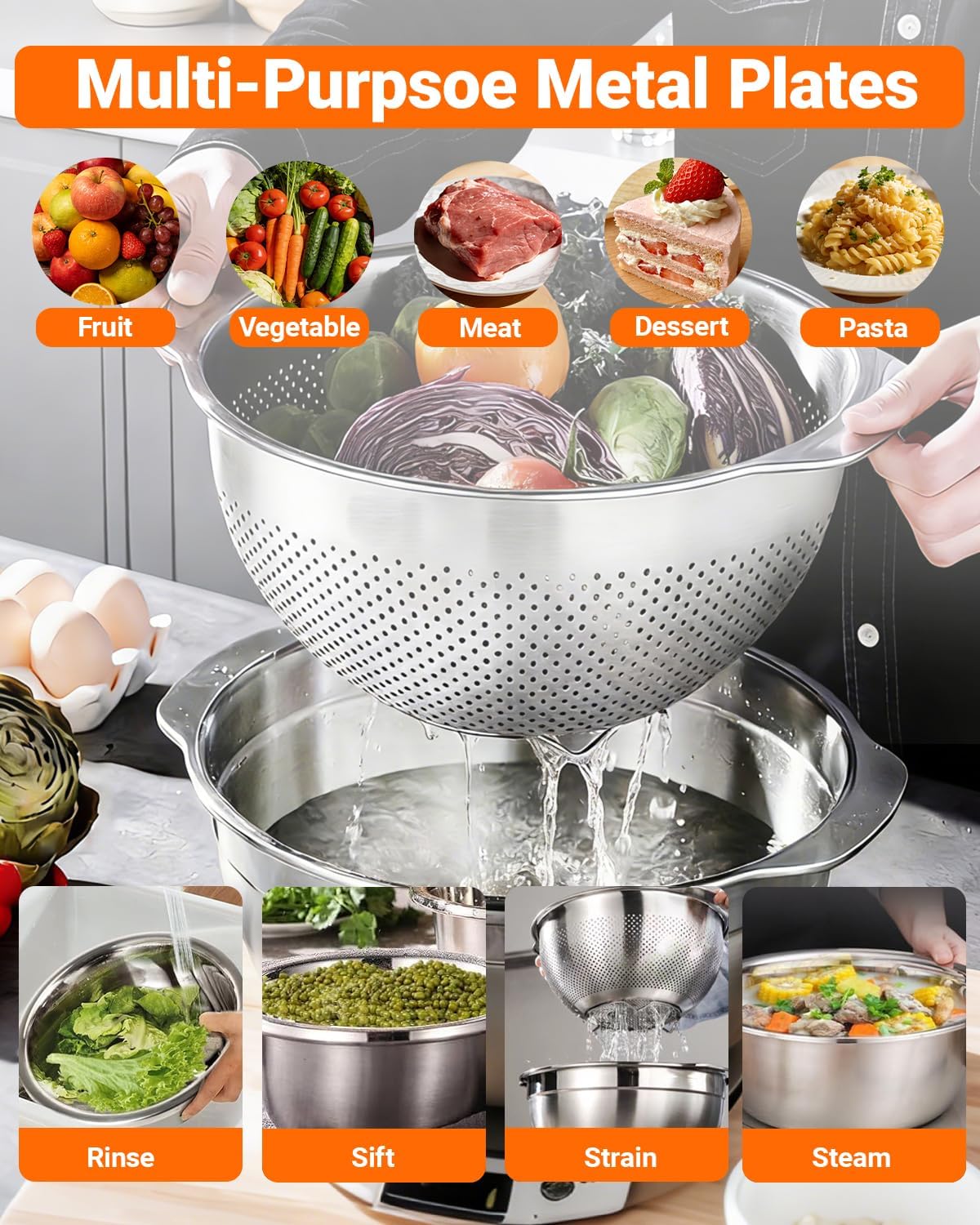 4 PCS Stainless Steel Colander and Mixing Bowl Set, 3QT & 5QT Strainer Bowls with Handle, Metal Mesh Basket for Washing Rice, Pasta, Fruit, Vegetables, Kitchen Draining Set