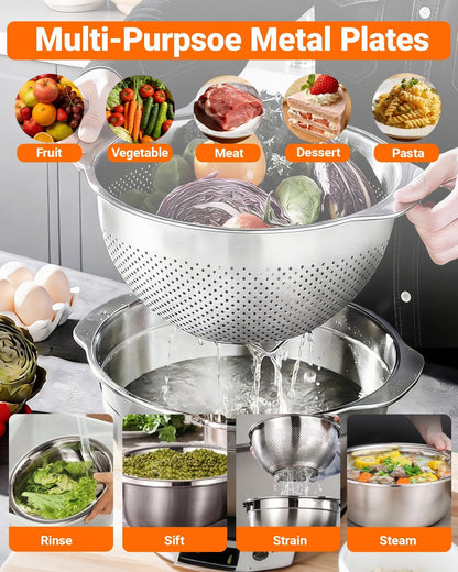 4 PCS Stainless Steel Colander and Mixing Bowl Set, 3QT & 5QT Strainer Bowls with Handle, Metal Mesh Basket for Washing Rice, Pasta, Fruit, Vegetables, Kitchen Draining Set