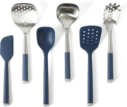 Calphalon Prime 7 Piece Silicone and Teak Wood Kitchen Tool & Gadget Set with Navy Blue Silicone Rim, Durable Heat Resistant Cooking Utensil Set for Stirring, Flipping, Serving