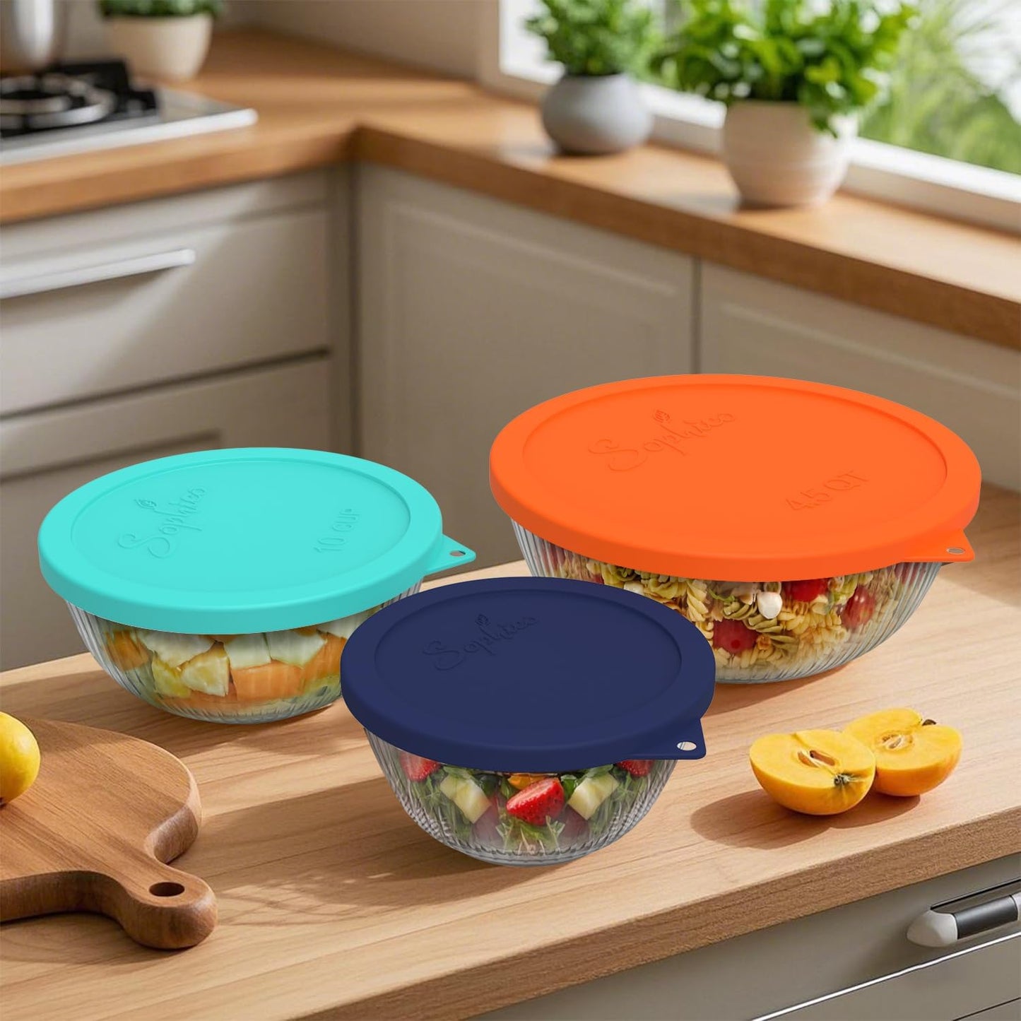SOPHICO Silicone Replacement Lids for Pyrex Sculpted Glass & Tinted Glass Bowls Mixing Bowls（4 size）