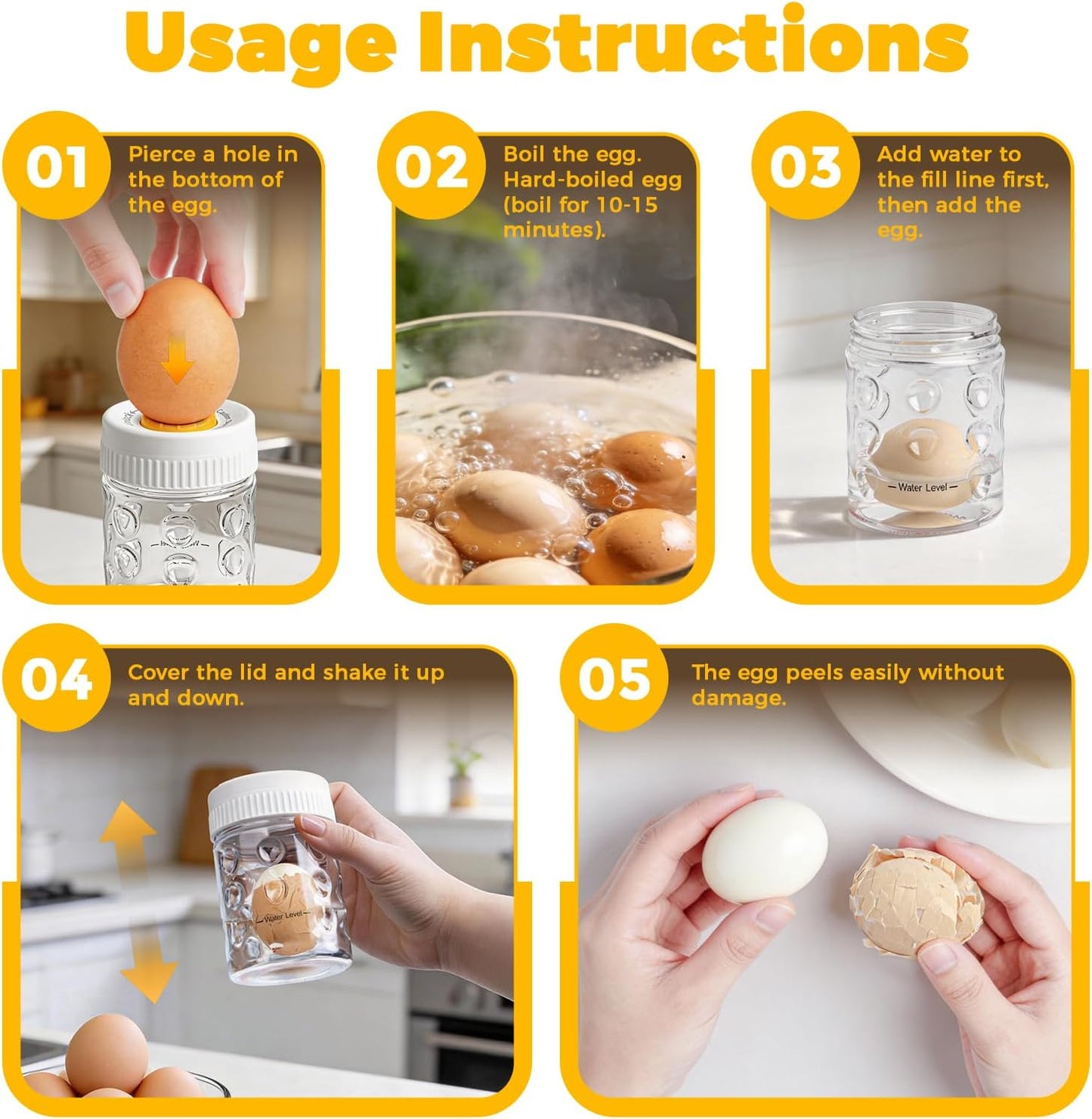 2 in 1 Egg Peeler with Piercer, Hard Boiled Egg Shell Remover Tool with Rotary Lock & Leak-Proof Design, Clear Egg Peeler for Meal Prep, Fitness, Camping & Deviled Eggs, Easy to Use & Clean (White)