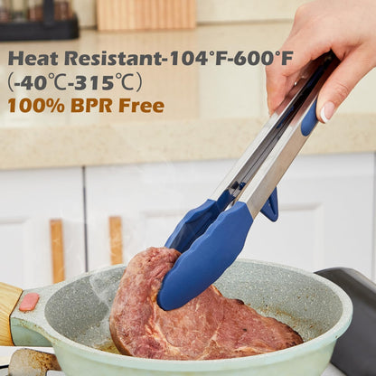 Silicone Kitchen Tongs, 3Pcs Tongs for Cooking with Silicone Tips, Food Grade Small Tongs, Mini Serving Tongs for BBQ Salad, Green, 7"+9"+12"
