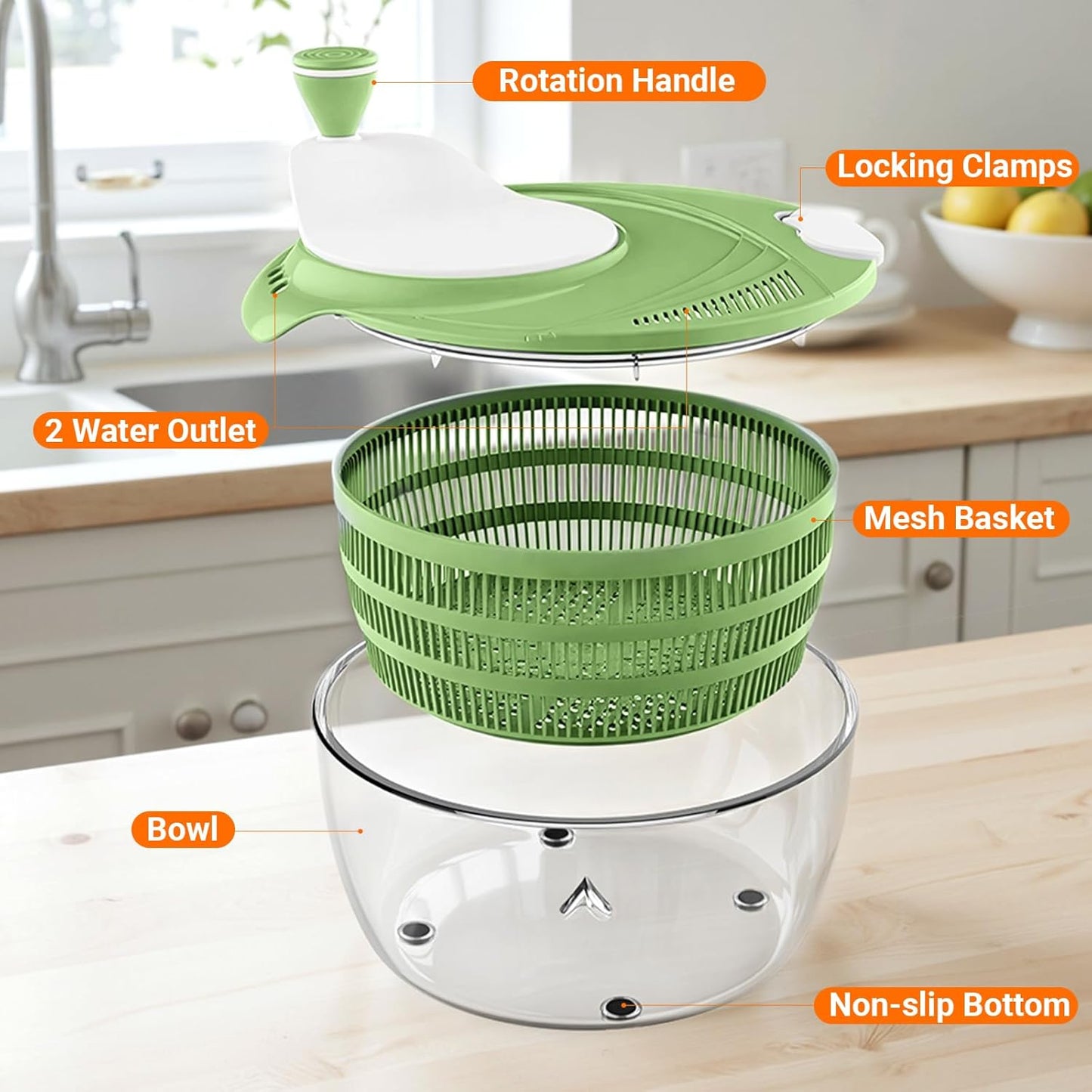HomeHacks Salad Spinner Large Lettuce Spinner, Large Fruit Cleaner with Double Drainage Holes, 5 Chopping Blades, High Efficiency for Kitchen Washing & Drying Leafy Vegetables, Easy Press (Grey)